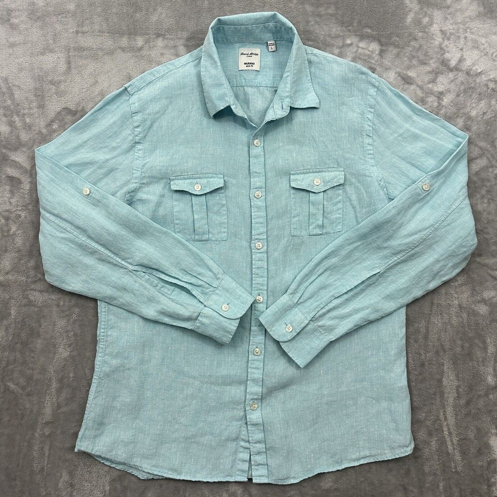 Baird McNutt Shirt Mens Large Blue Linen J Crew Long Sleeve Preppy Slim Fit